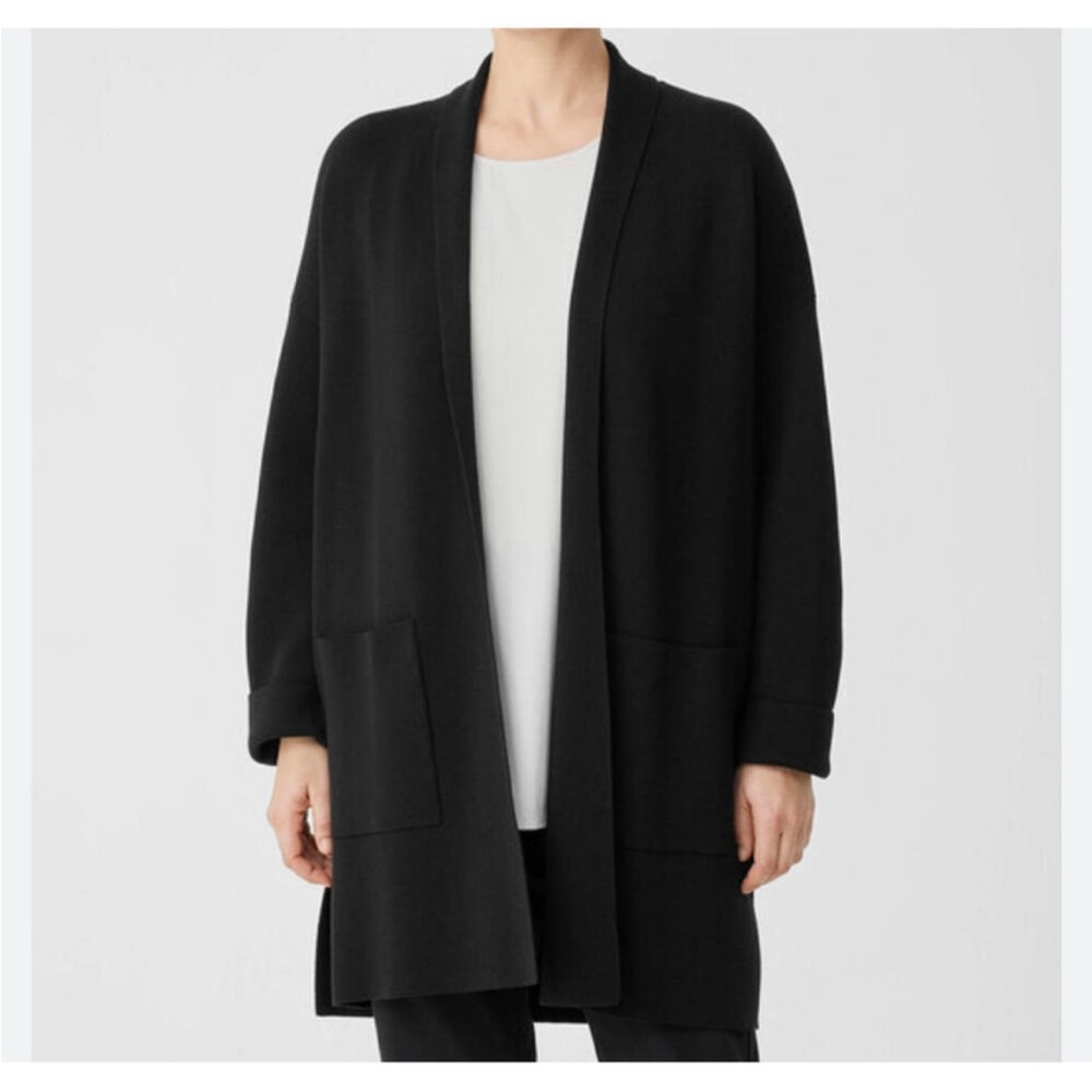 Eileen Fisher Silk and Cotton Interlock Long Cardigan in Black - Size Medium